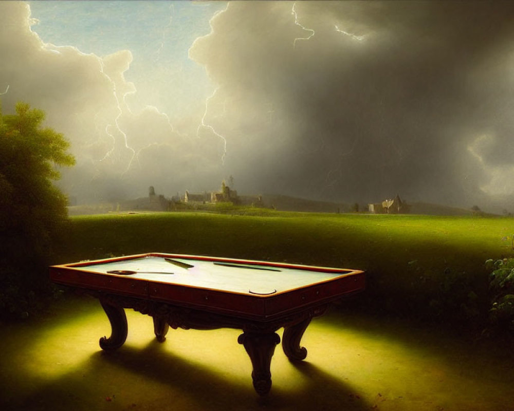 Surreal landscape with billiard table, dramatic sky, lightning, and distant castles