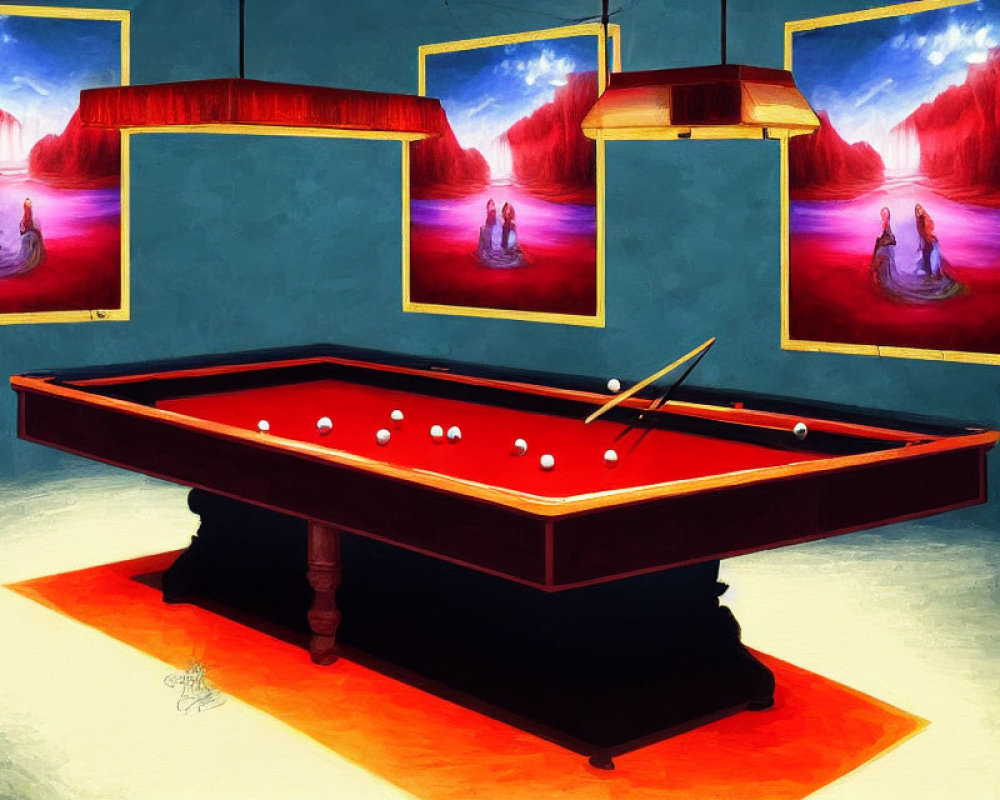 Surreal art: Billiard table, cue, balls, lamps, woman on water, fiery