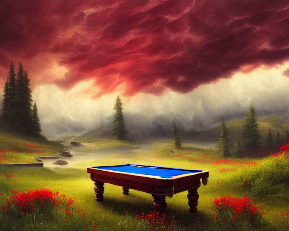 Ethereal landscape with crimson sky, river, greenery, and surreal pool table.