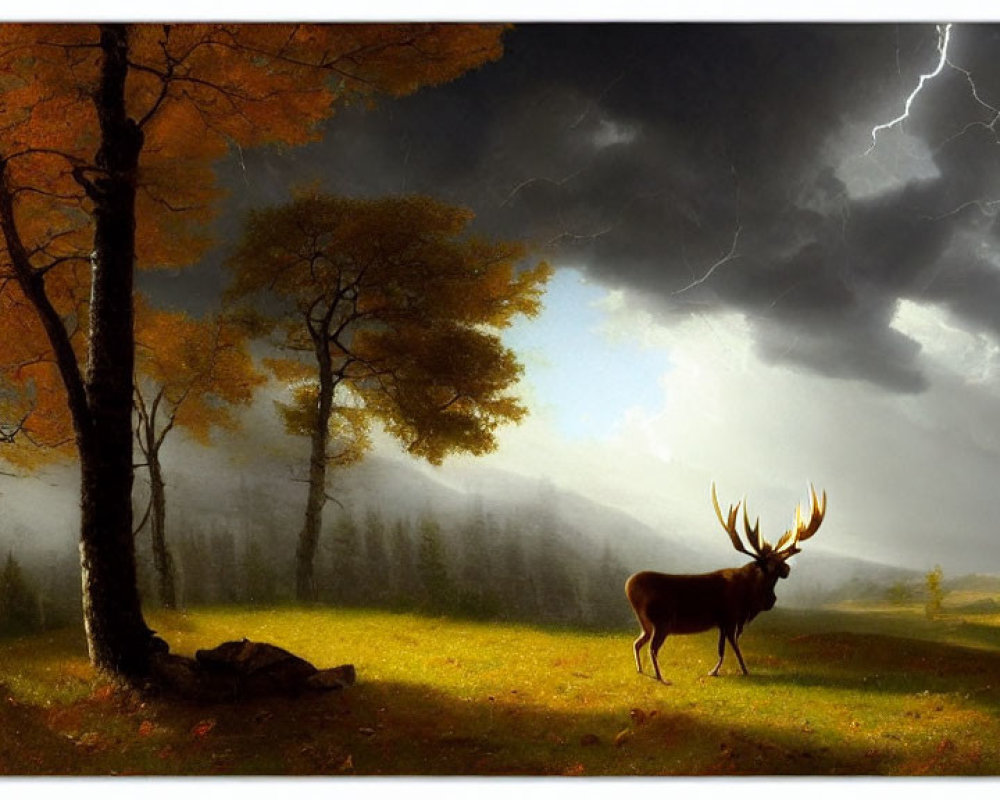 Majestic stag in sunlit clearing with stormy sky