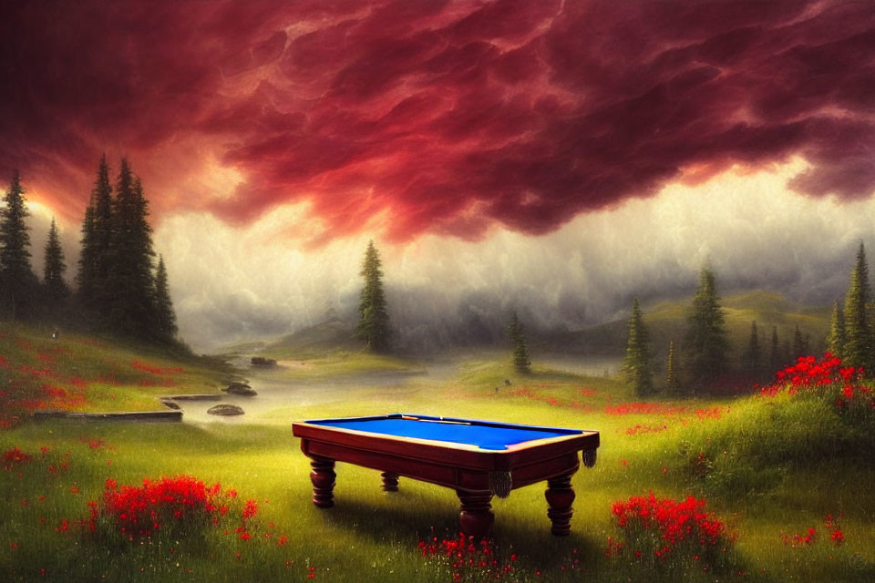 Ethereal landscape with crimson sky, river, greenery, and surreal pool table.