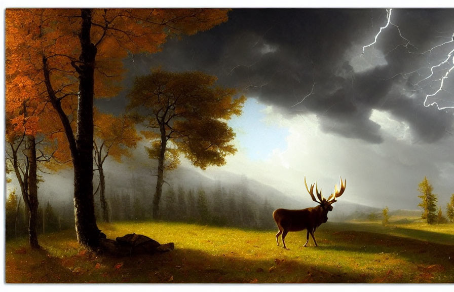 Majestic stag in sunlit clearing with stormy sky