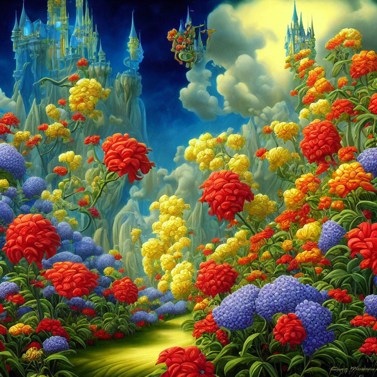 Fantasy landscape with colorful flowers and floating castles