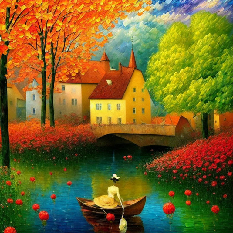 Colorful autumn landscape with person rowing boat on river