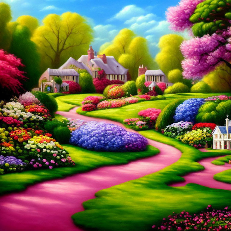 Colorful whimsical landscape with flowering gardens, pink pathways, houses, and lush trees