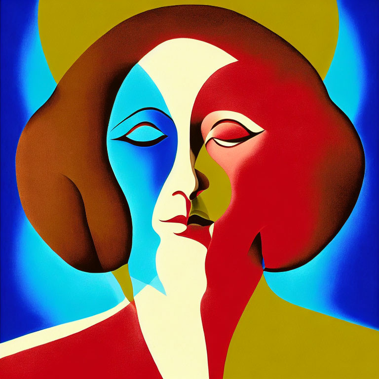 Vibrant abstract art: Two faces, contrasting colors, modernist and cubist blend