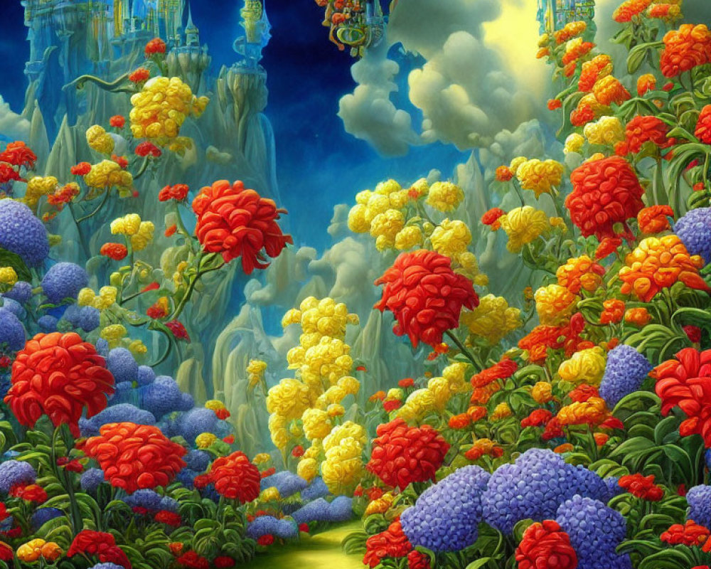 Fantasy landscape with colorful flowers and floating castles