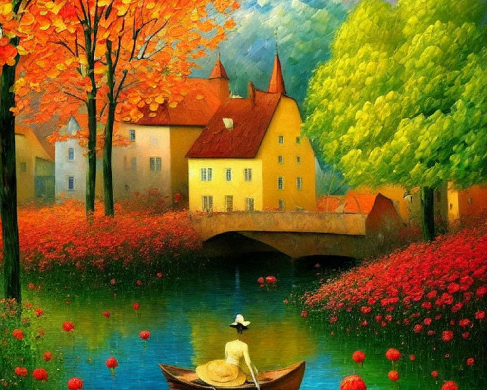 Colorful autumn landscape with person rowing boat on river