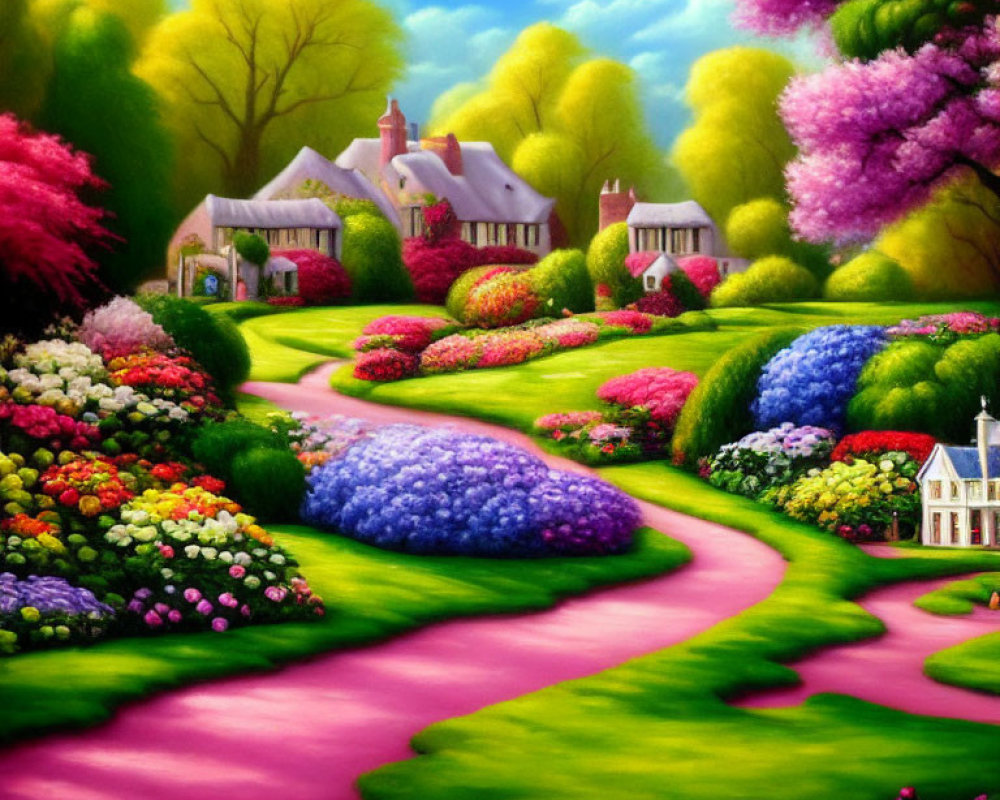 Colorful whimsical landscape with flowering gardens, pink pathways, houses, and lush trees