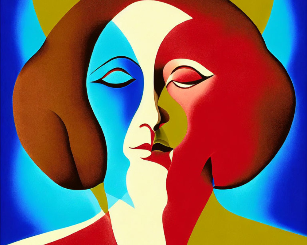 Vibrant abstract art: Two faces, contrasting colors, modernist and cubist blend