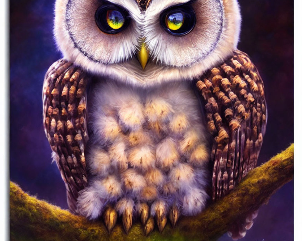 Detailed digital illustration of large-eyed owl on branch with captivating gaze against purple background