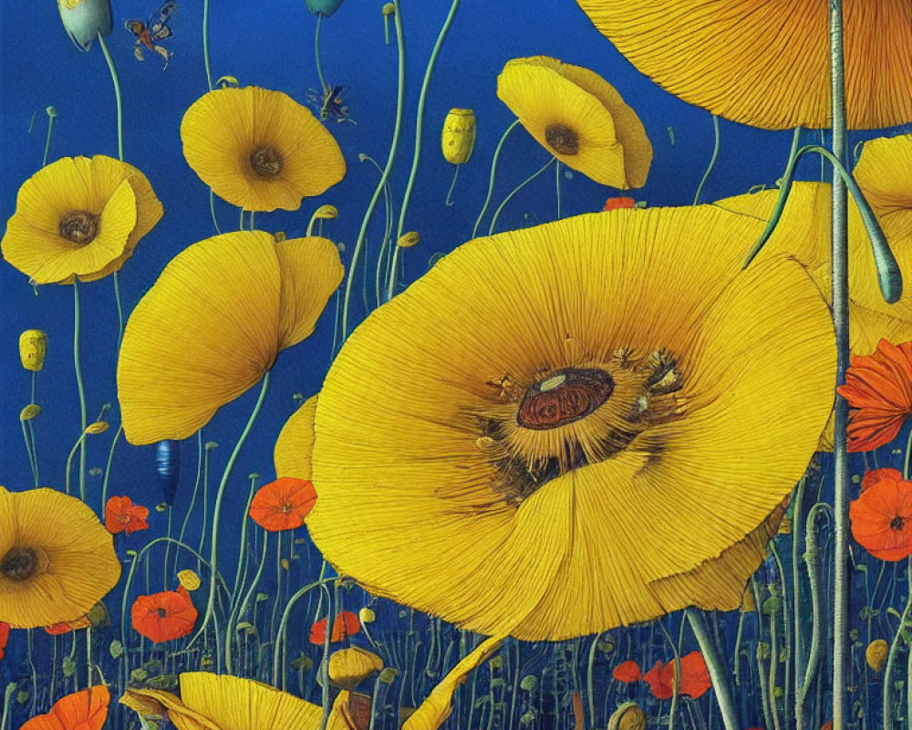 Detailed Yellow and Orange Poppies Illustration on Blue Background