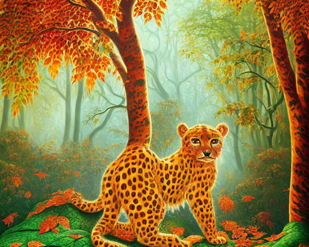 Colorful Leopard Artwork in Autumn Forest Scene