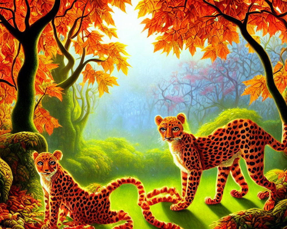 Vibrant autumn forest scene with two cheetahs in golden sunlight