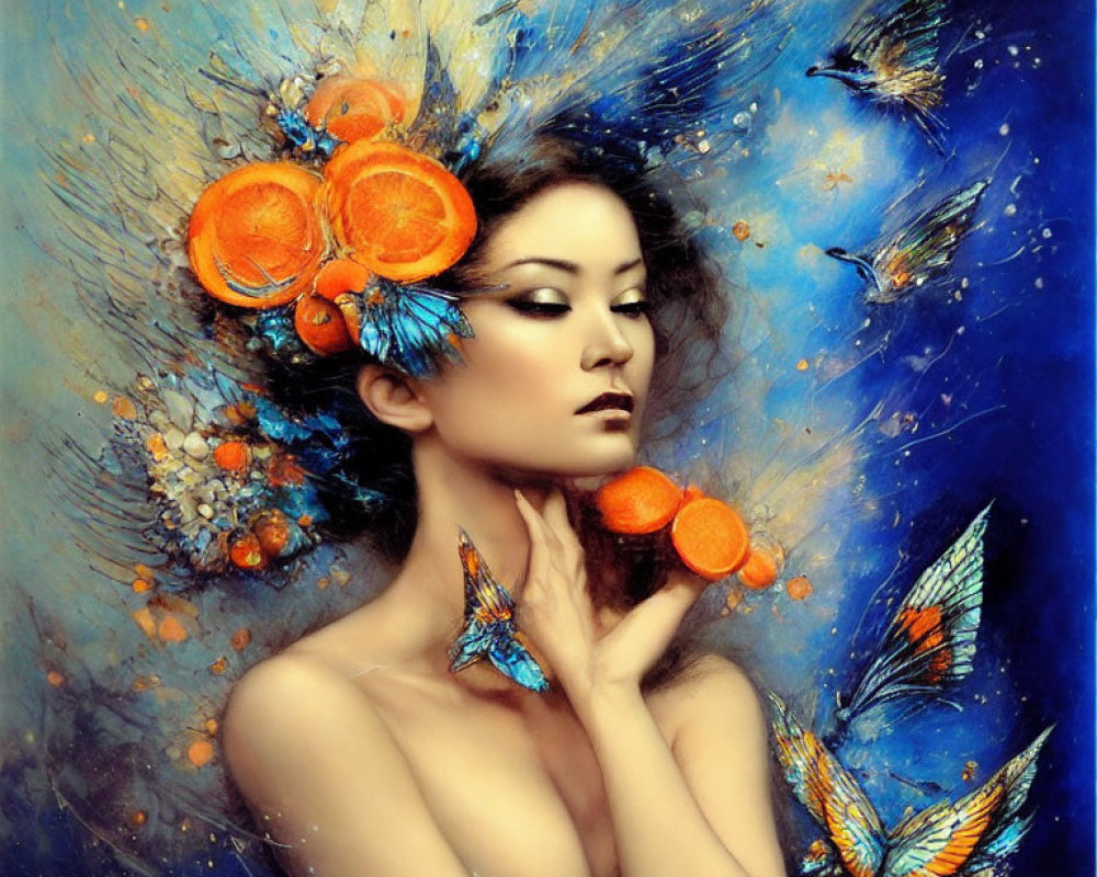 Vibrant surreal portrait of a woman with butterflies in blue and orange colors