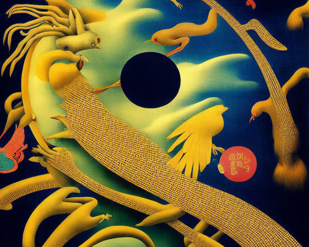 Golden dragon encircles celestial scene with sun or moon, surrounded by clouds and creatures