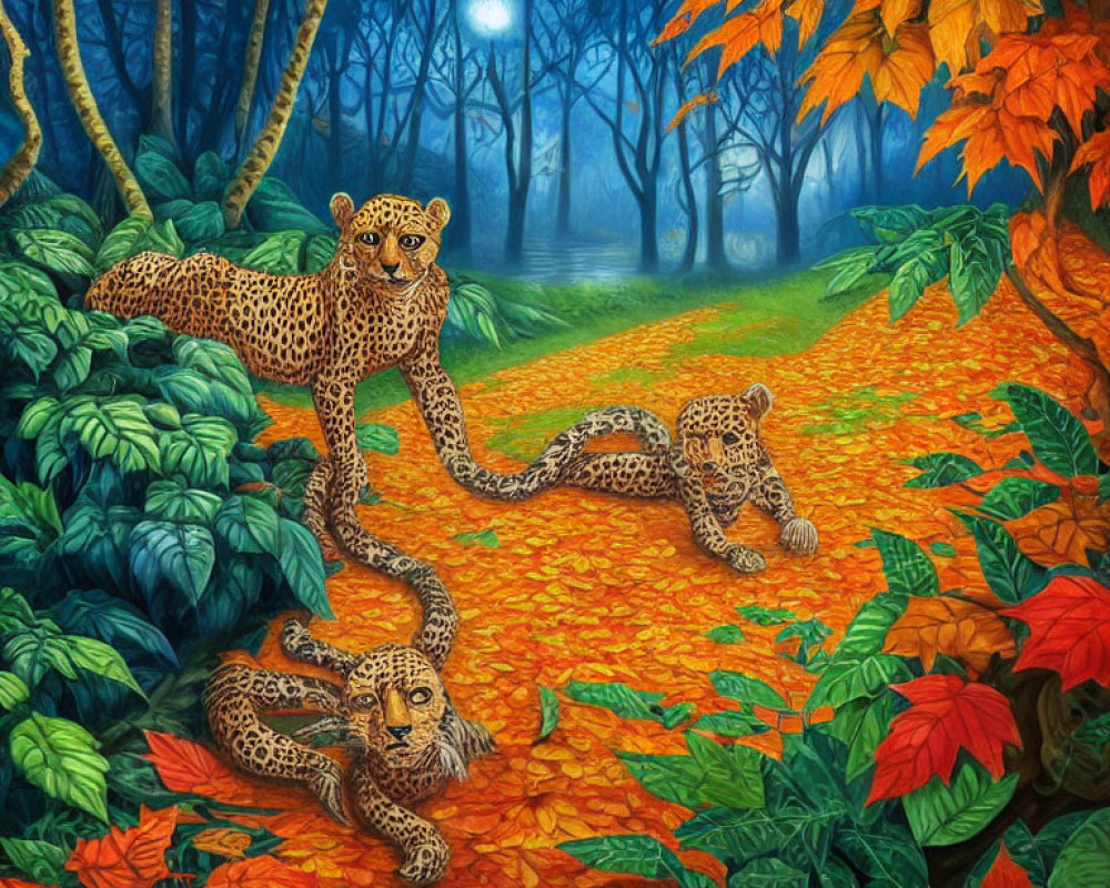 Leopards in Autumn Forest with Orange Leaves and Blue Background