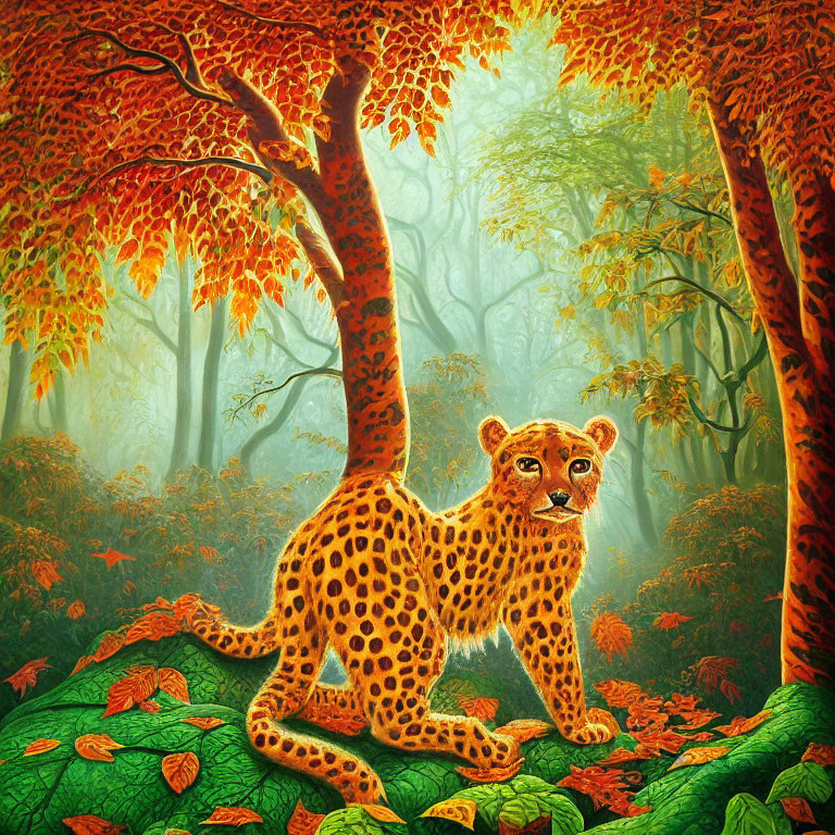 Colorful Leopard Artwork in Autumn Forest Scene