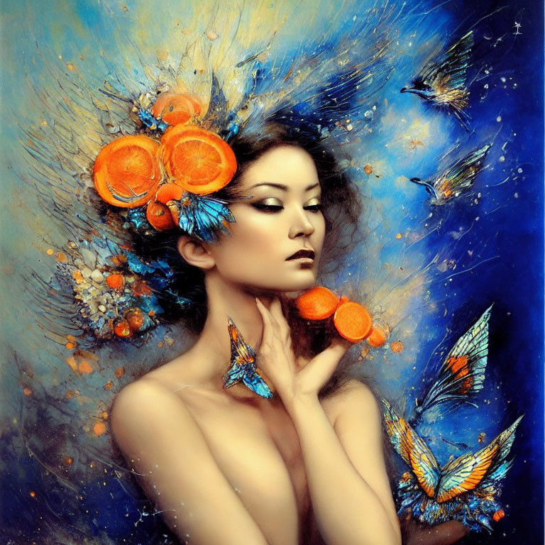 Vibrant surreal portrait of a woman with butterflies in blue and orange colors