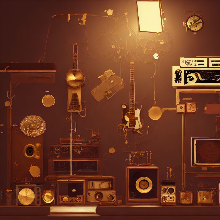 Vintage Audio Equipment, Instruments, and Gadgets on Brown Background