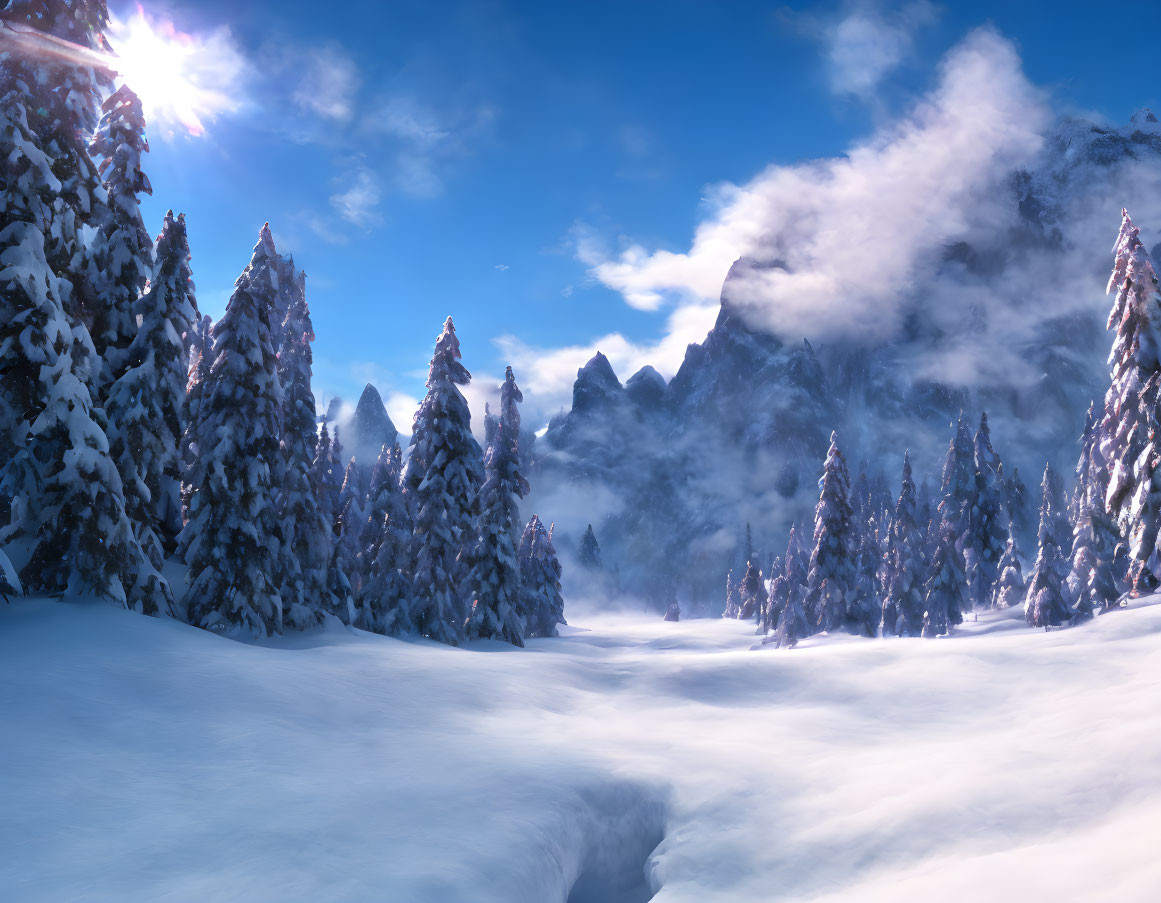 Snowy Landscape with Pine Trees and Mountains in Clear Blue Sky