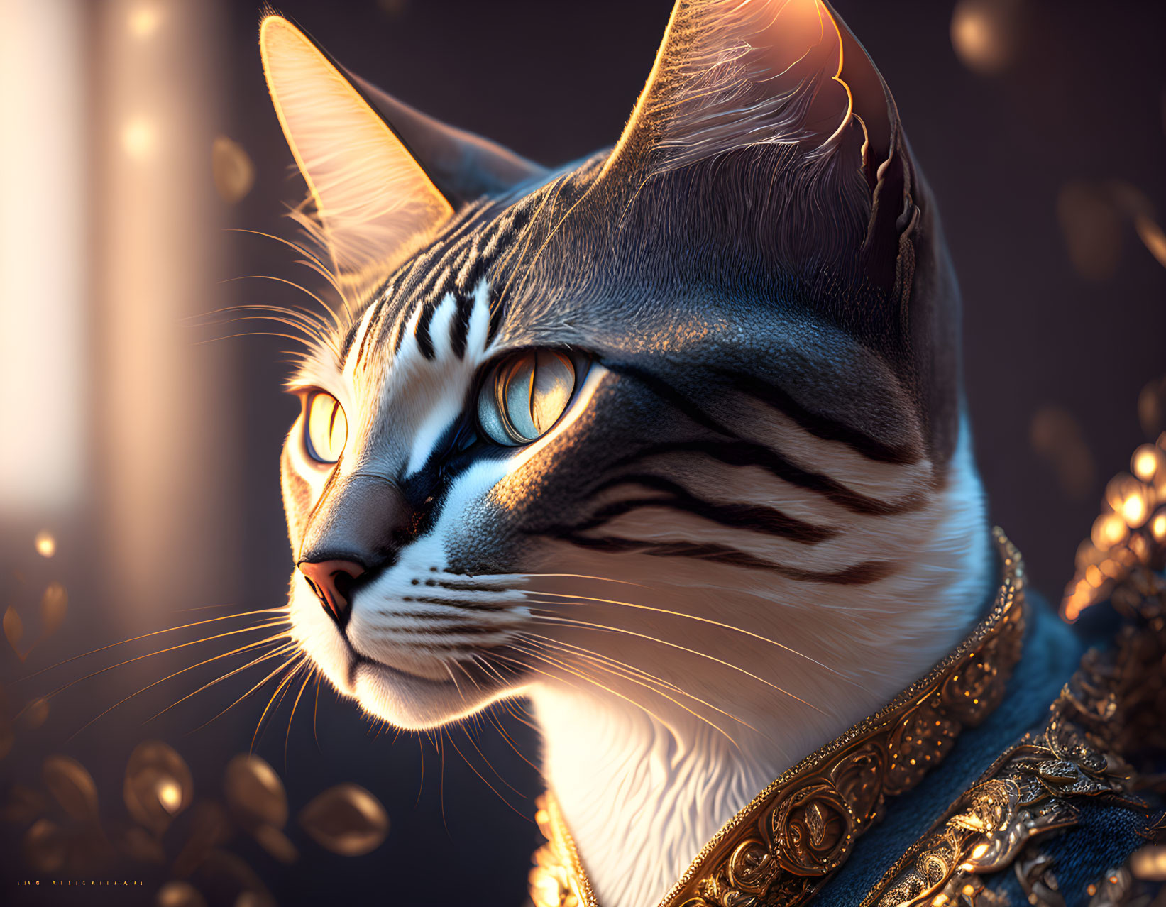 Detailed digital artwork: Majestic cat with intricate fur patterns and golden eyes in warm light