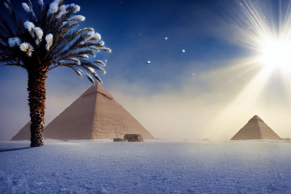 Snow-covered Great Pyramid of Giza and smaller pyramid with palm tree under bright sun.