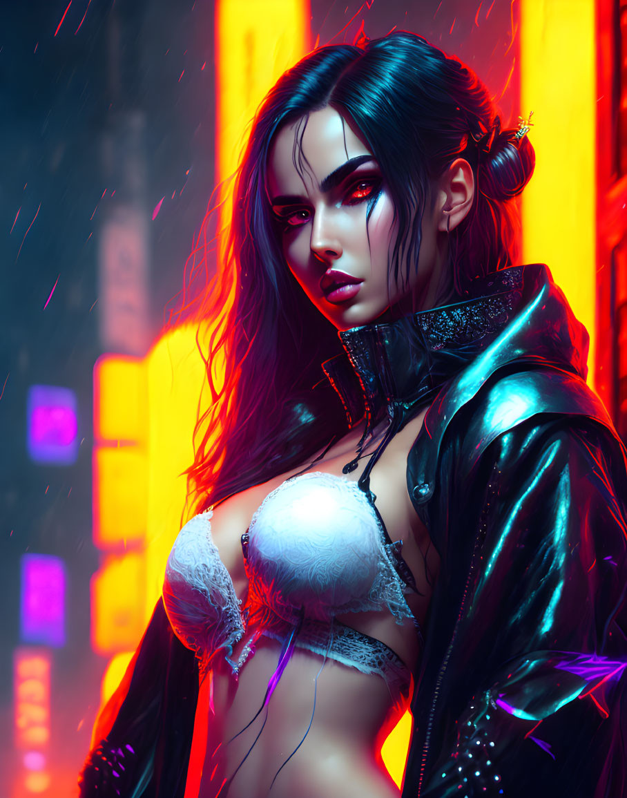 Digital portrait of woman with dark hair in cyberpunk style, wearing black jacket and lingerie against neon-l