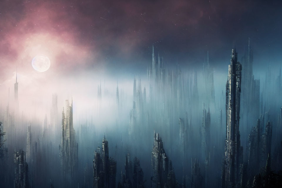 Mysterious fog-shrouded landscape with towering spires under a moonlit sky