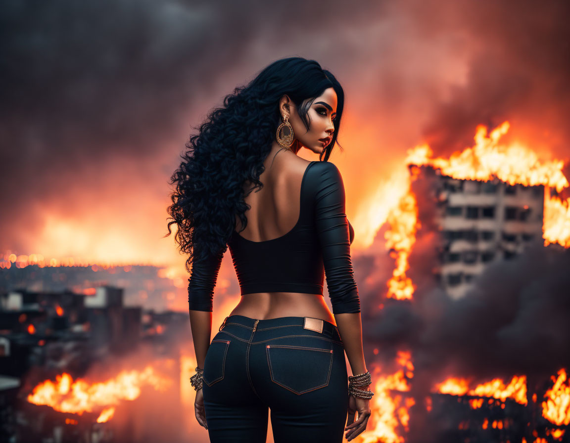 Stylized woman with flowing black hair in fiery urban backdrop