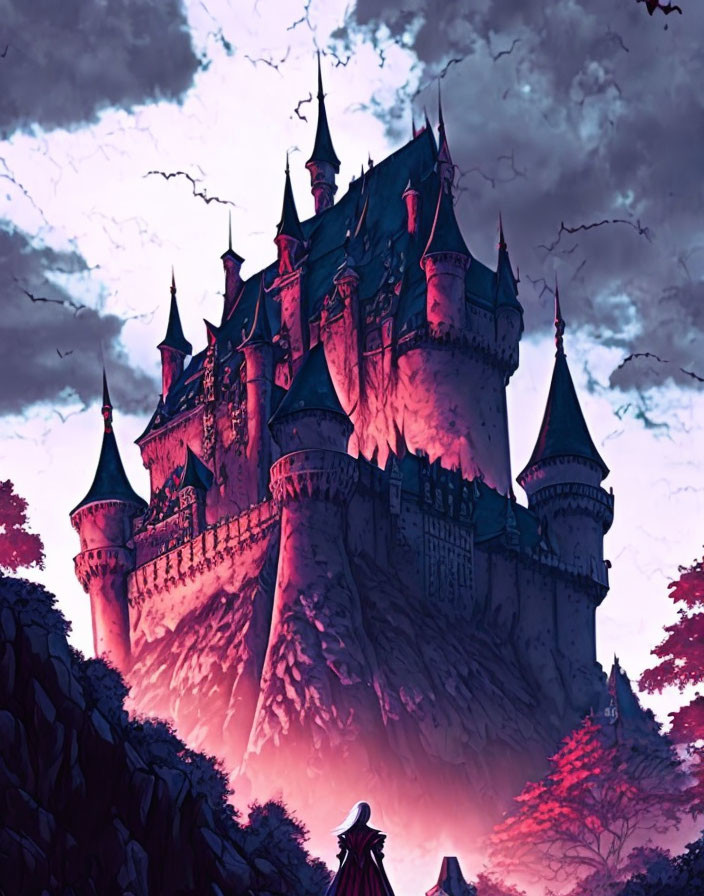 Gothic castle on craggy hill with cloaked figure under red sky