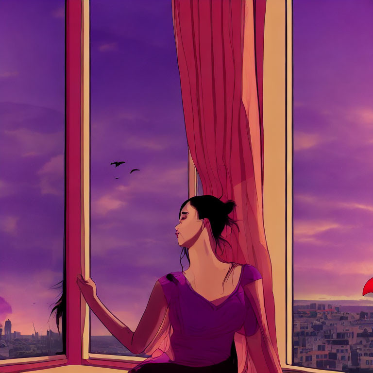 Woman in Purple Dress Looking at Cityscape at Sunset through Window with Red Curtain and Birds Flying