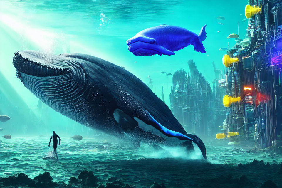 Glowing structures in futuristic underwater city with diver, whales, and rays