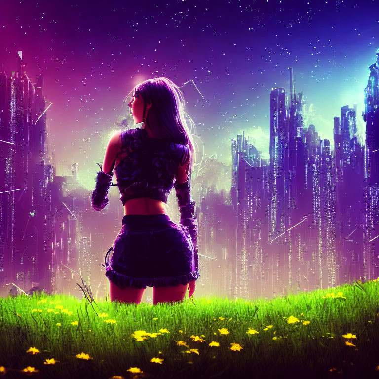 Woman holding glowing orb in vibrant cityscape at night