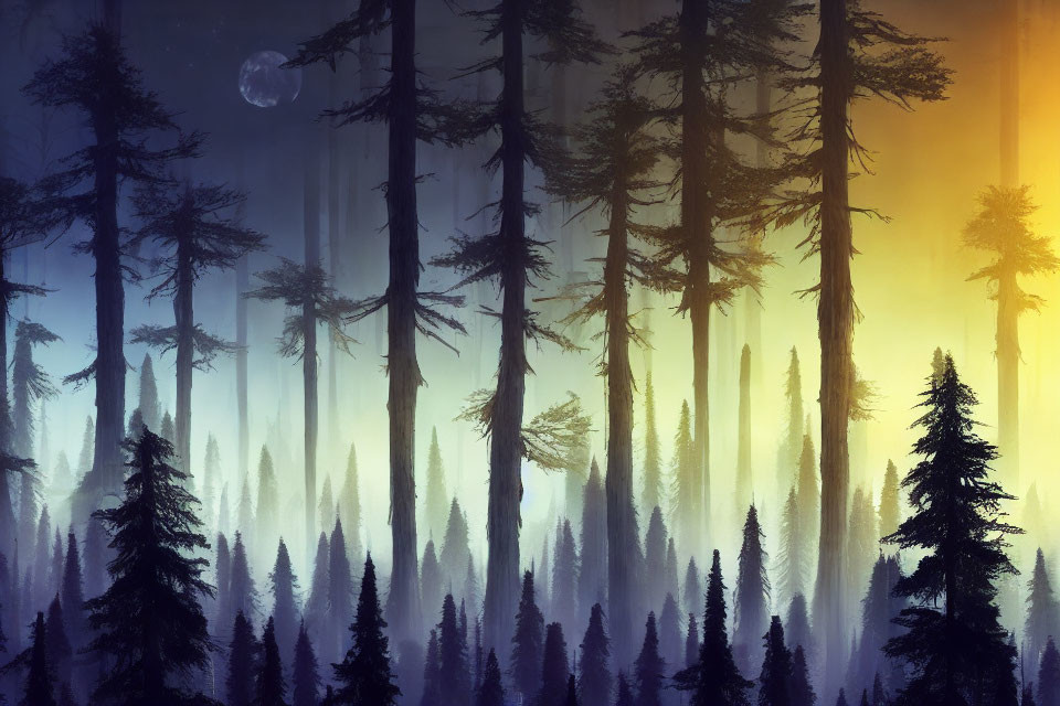 Twilight misty forest with tall tree silhouettes and crescent moon