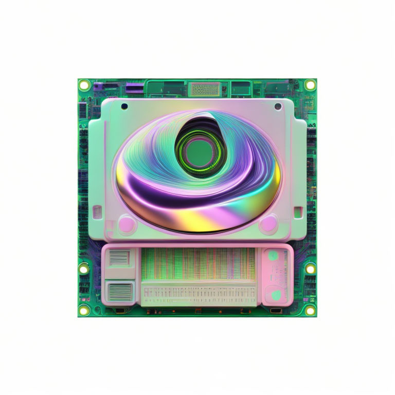 Iridescent doughnut shape on green computer motherboard on white background