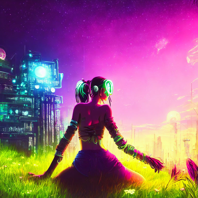 Person with Green Headphones in Neon-lit Futuristic Cityscape