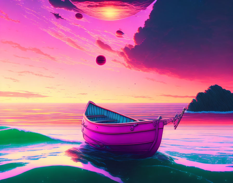 Colorful Sci-Fi Seascape with Pink Boat, Iridescent Waves, Multiple Planets, and