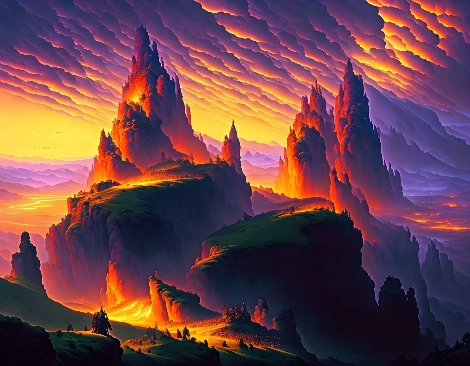 Fantastical landscape with towering spires, lava river, and dramatic sunset.