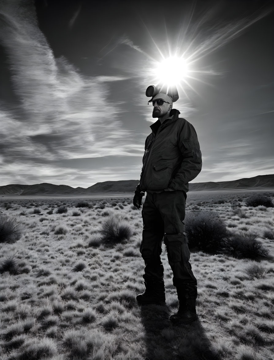 Person in Jacket and Pants Standing in Barren Landscape with Sunburst Creating Dramatic Monochromatic Scene