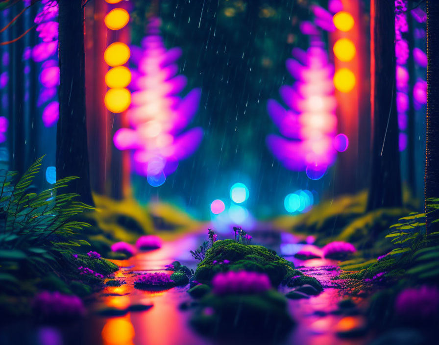 Mystical forest scene at night with purple and blue lights illuminating raindrops