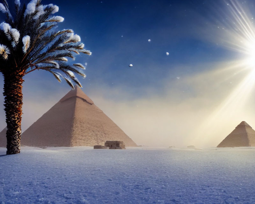 Snow-covered Great Pyramid of Giza and smaller pyramid with palm tree under bright sun.