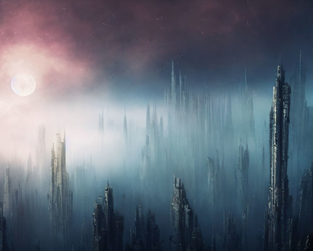 Mysterious fog-shrouded landscape with towering spires under a moonlit sky