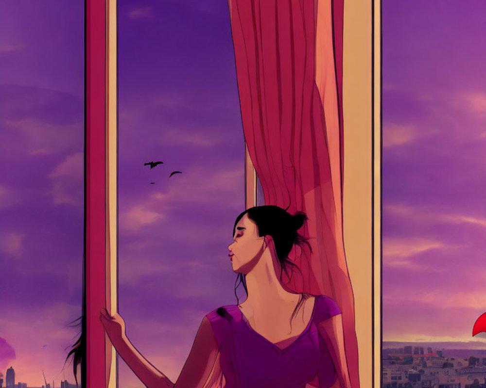 Woman in Purple Dress Looking at Cityscape at Sunset through Window with Red Curtain and Birds Flying