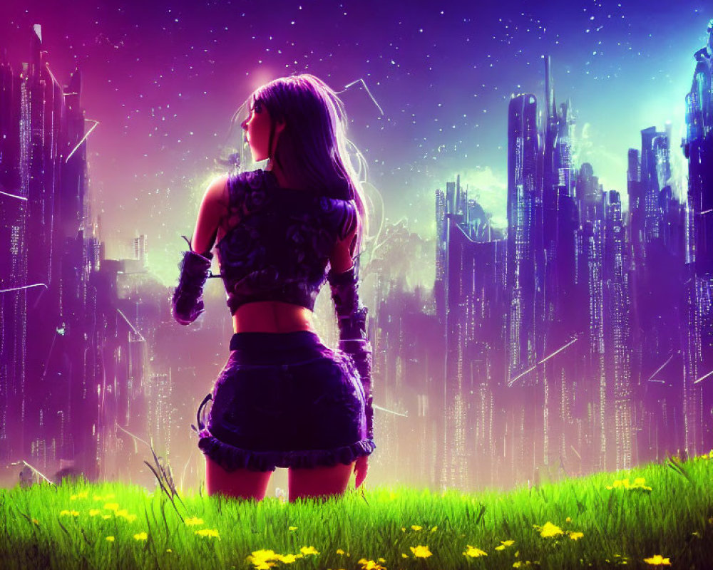 Woman holding glowing orb in vibrant cityscape at night