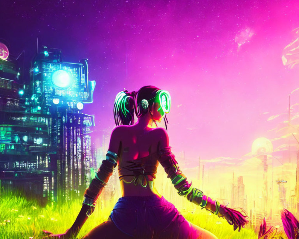 Person with Green Headphones in Neon-lit Futuristic Cityscape