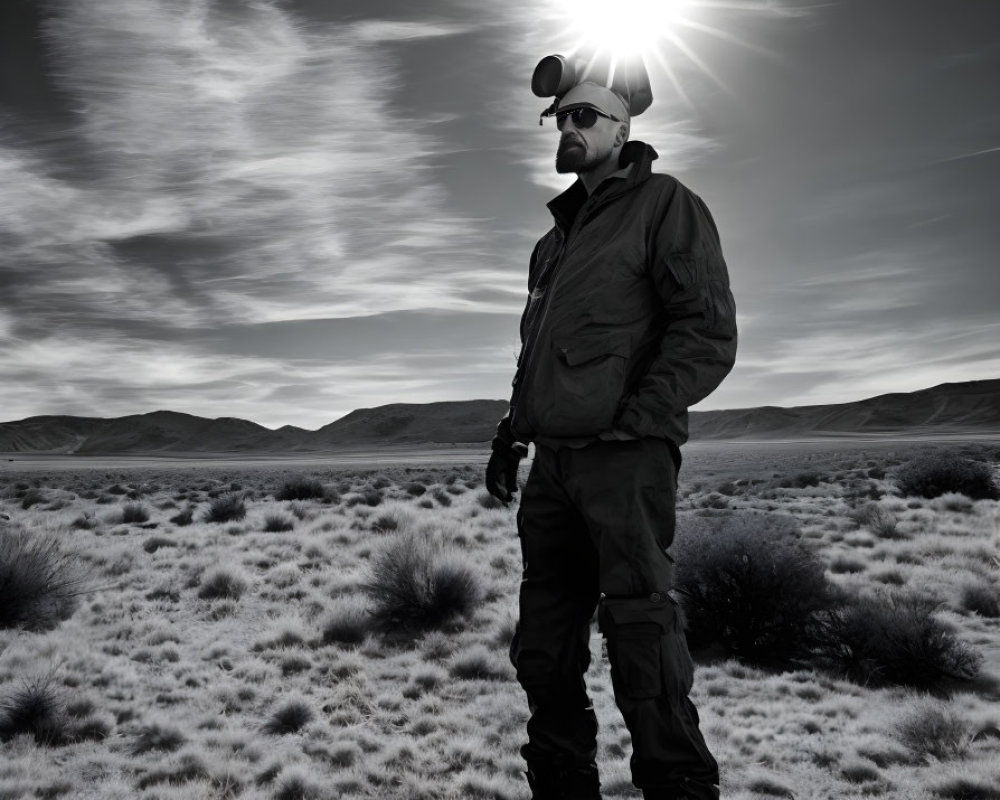 Person in Jacket and Pants Standing in Barren Landscape with Sunburst Creating Dramatic Monochromatic Scene