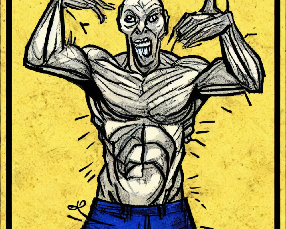 Muscular villain with blue skin and sharp teeth on yellow background