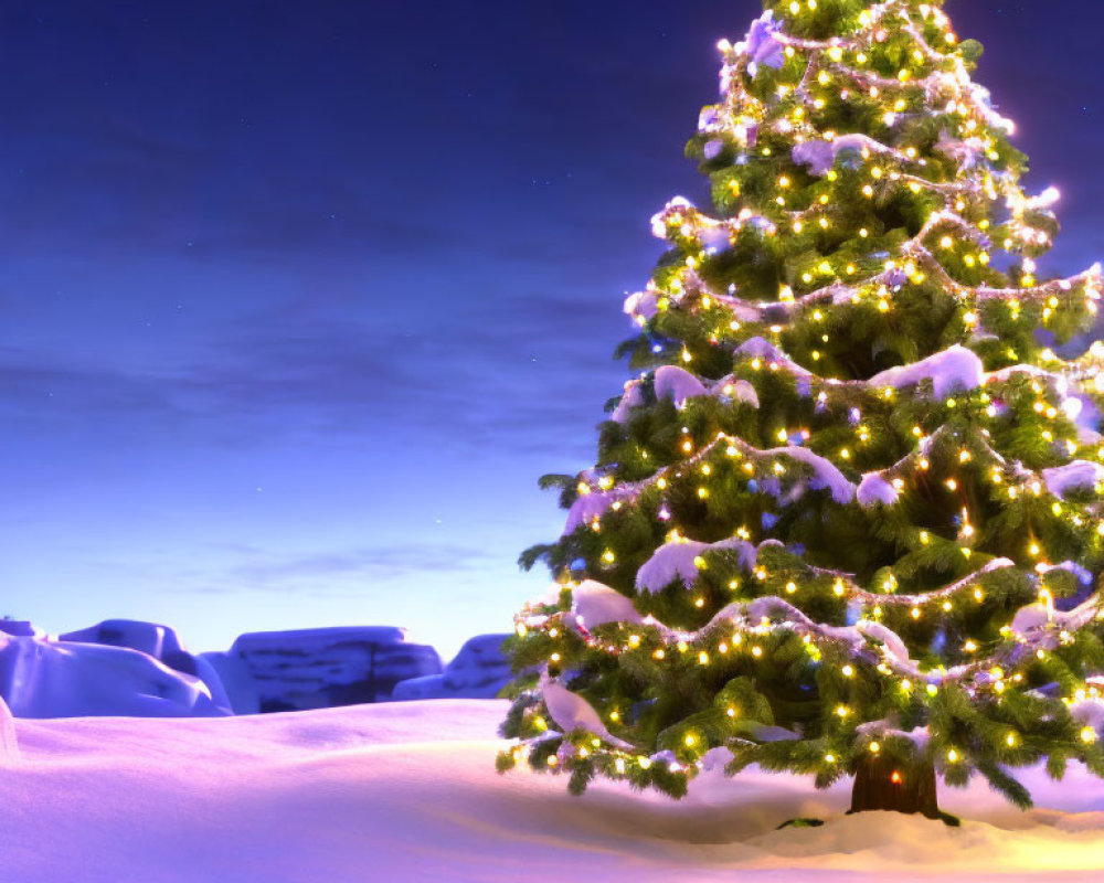 Twinkling lights adorn snowy Christmas tree in starry landscape