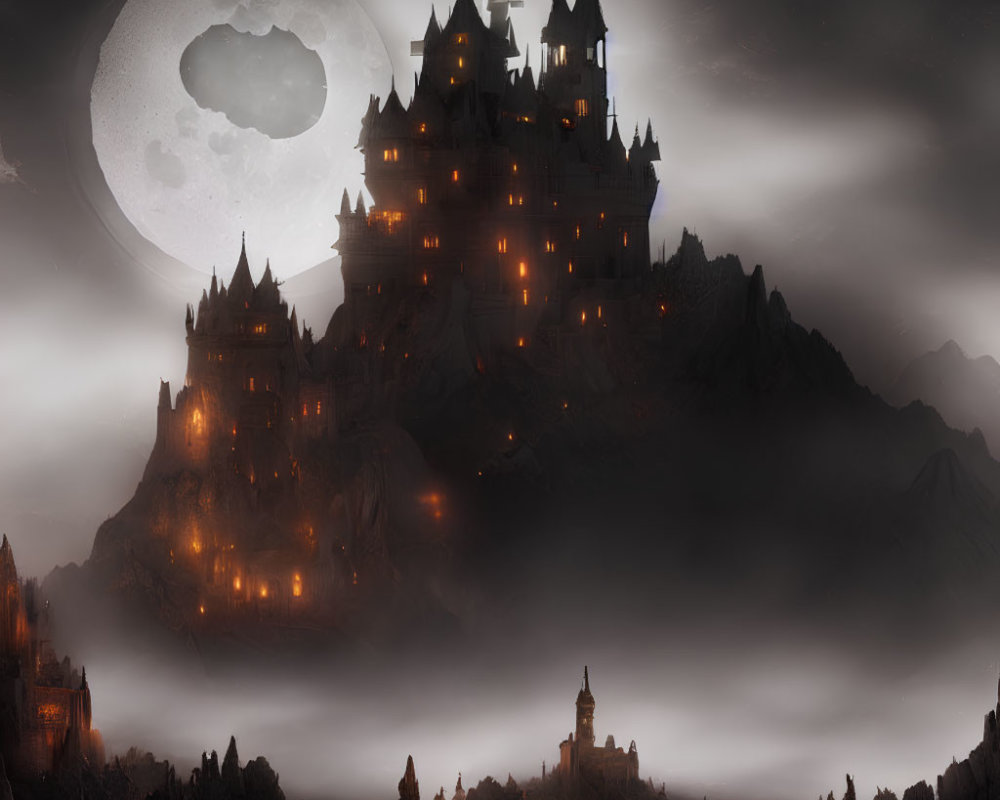 Gothic castle on craggy peak under full moon with swirling mist